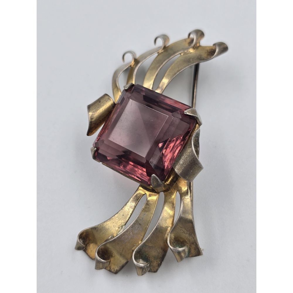 Vintage Sterling Gold Tone Purple Faceted Glass Brooch Pin Art Deco - Picture 4 of 14